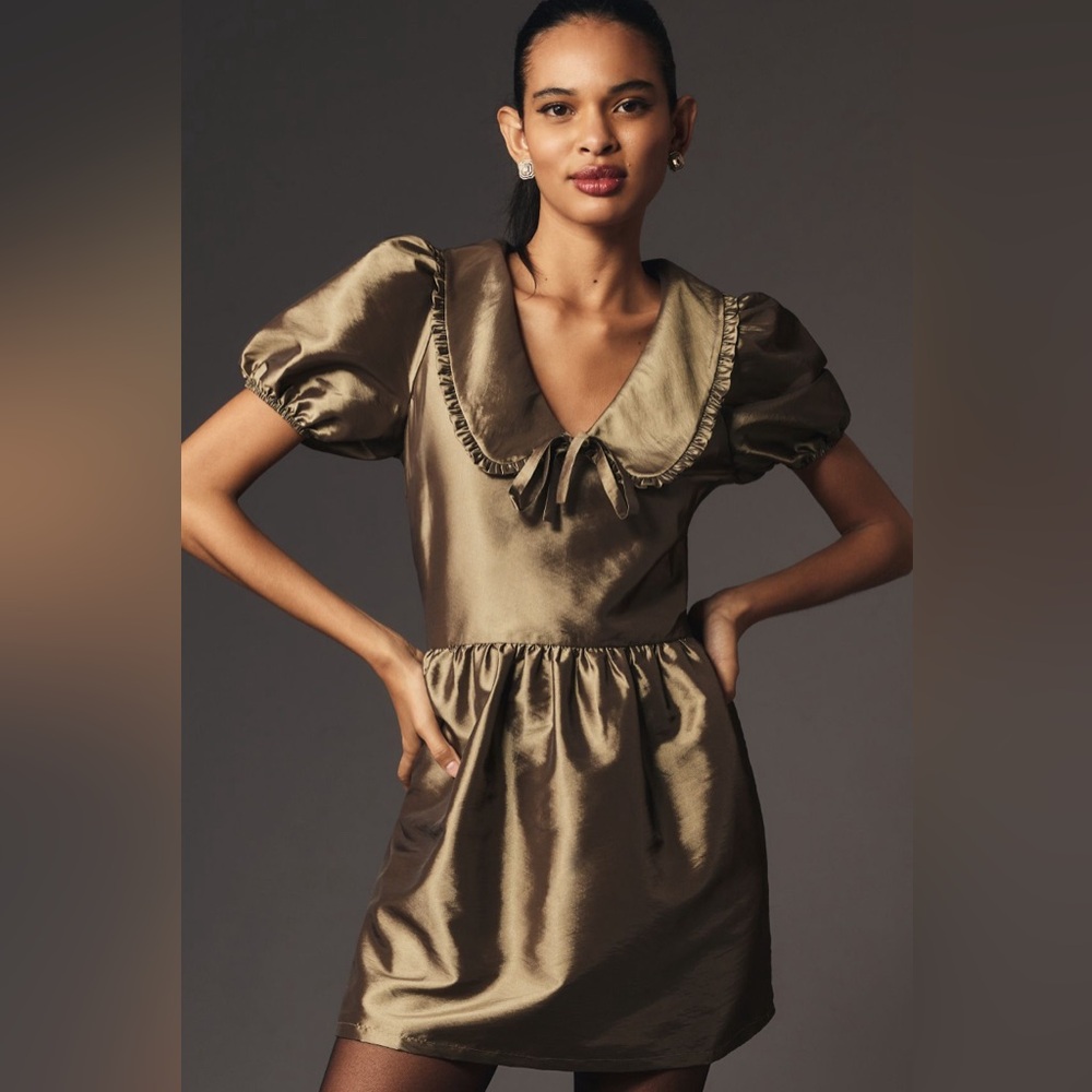 Anthro Porridge Short-Sleeve Collared Taffetta Mini Dress Slate Green Large New